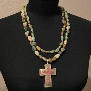 Double Genuine Turquoise Necklace 2 Cross Pendants Cowgirl Western Vintage